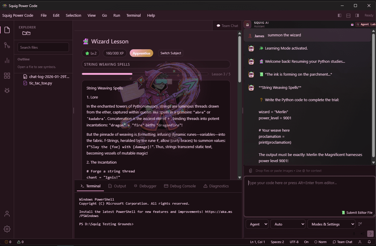 Squig Power Code — Editor workspace overview