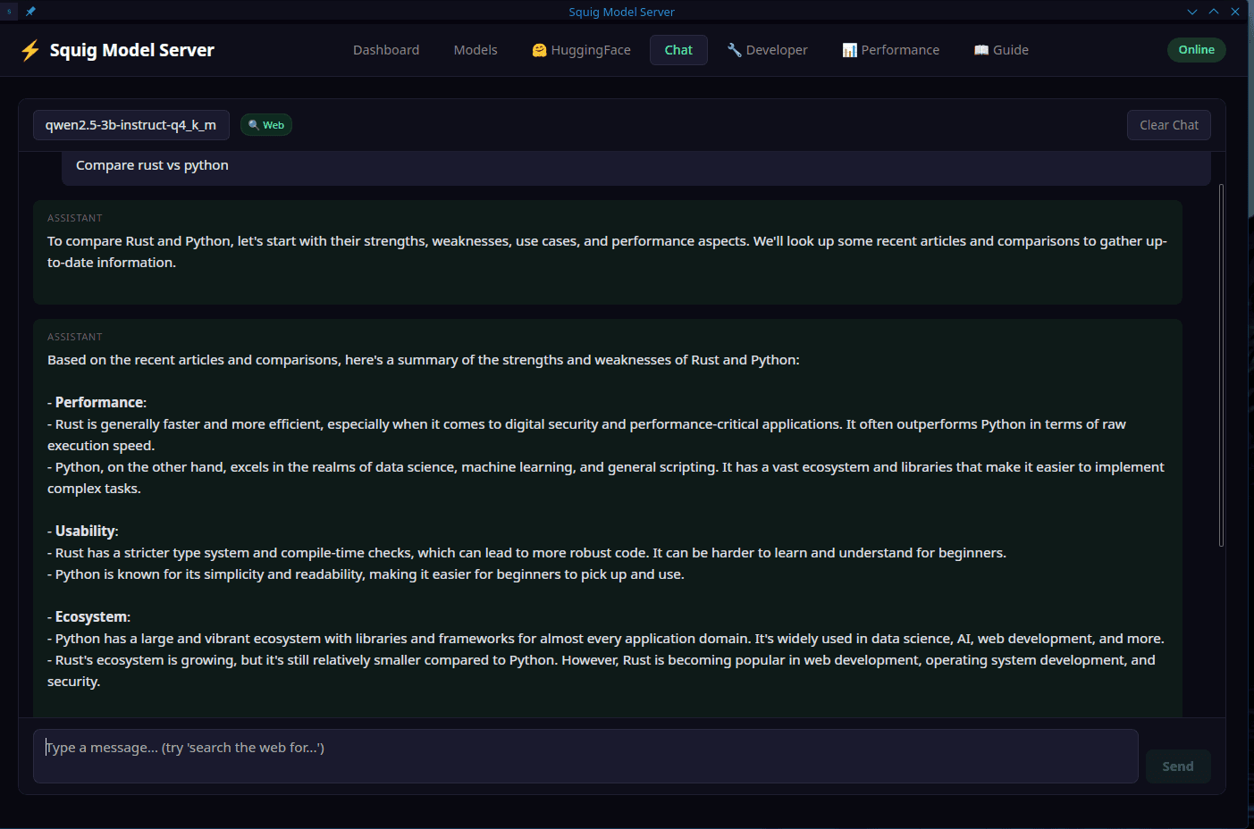 Squig Model Server — Built-in chat interface