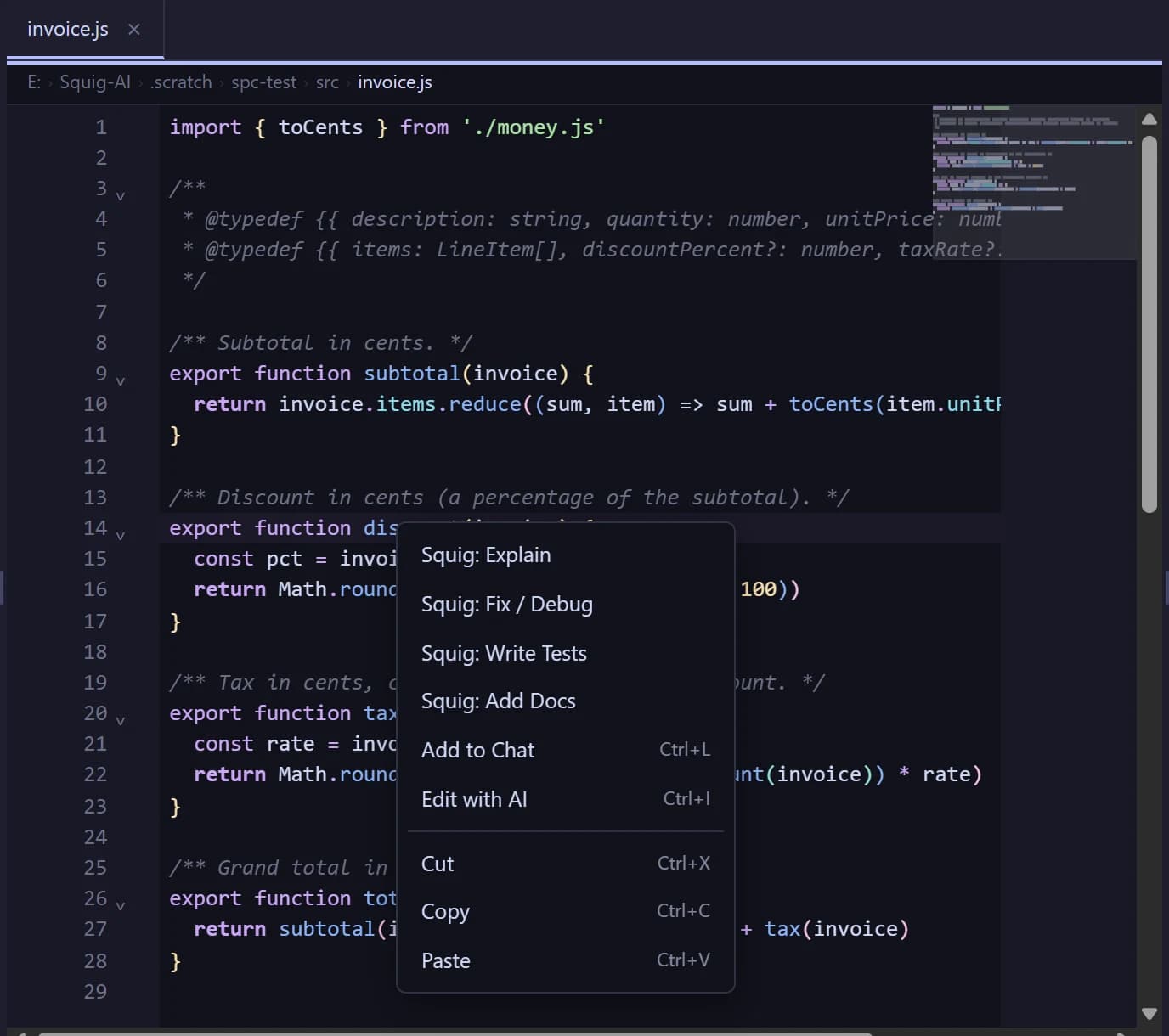 Right-click menu in the editor with Squig: Explain, Fix / Debug, Write Tests, Add Docs, Add to Chat and Edit with AI.