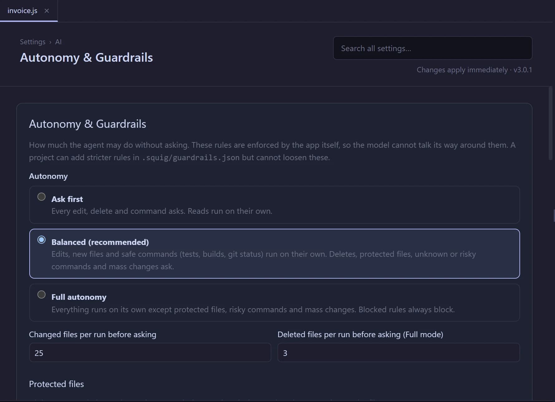 Autonomy & Guardrails settings: Ask first, Balanced (selected) and Full autonomy, with limits for changed and deleted files per run.