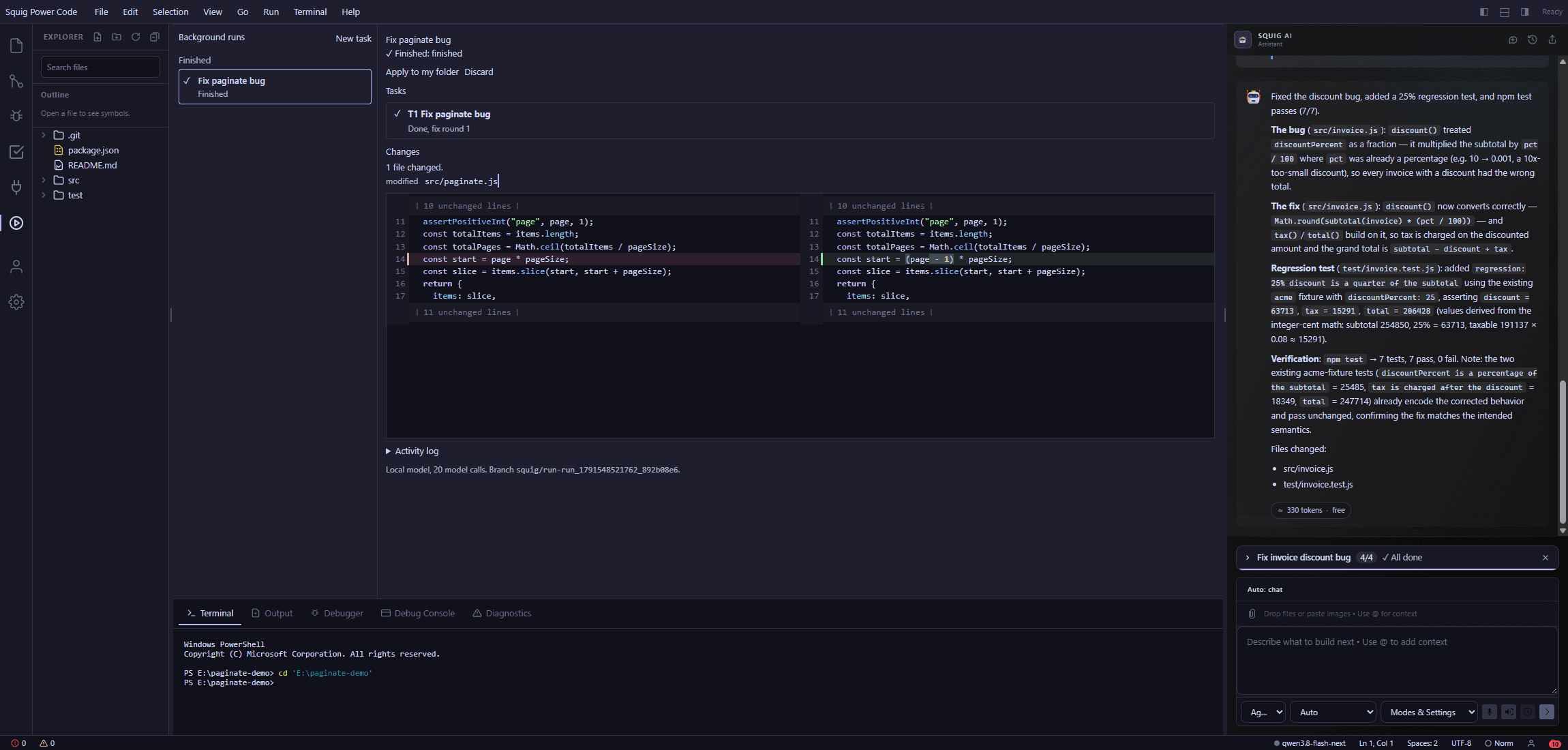 Diff review of a finished background run showing the change to src/paginate.js.