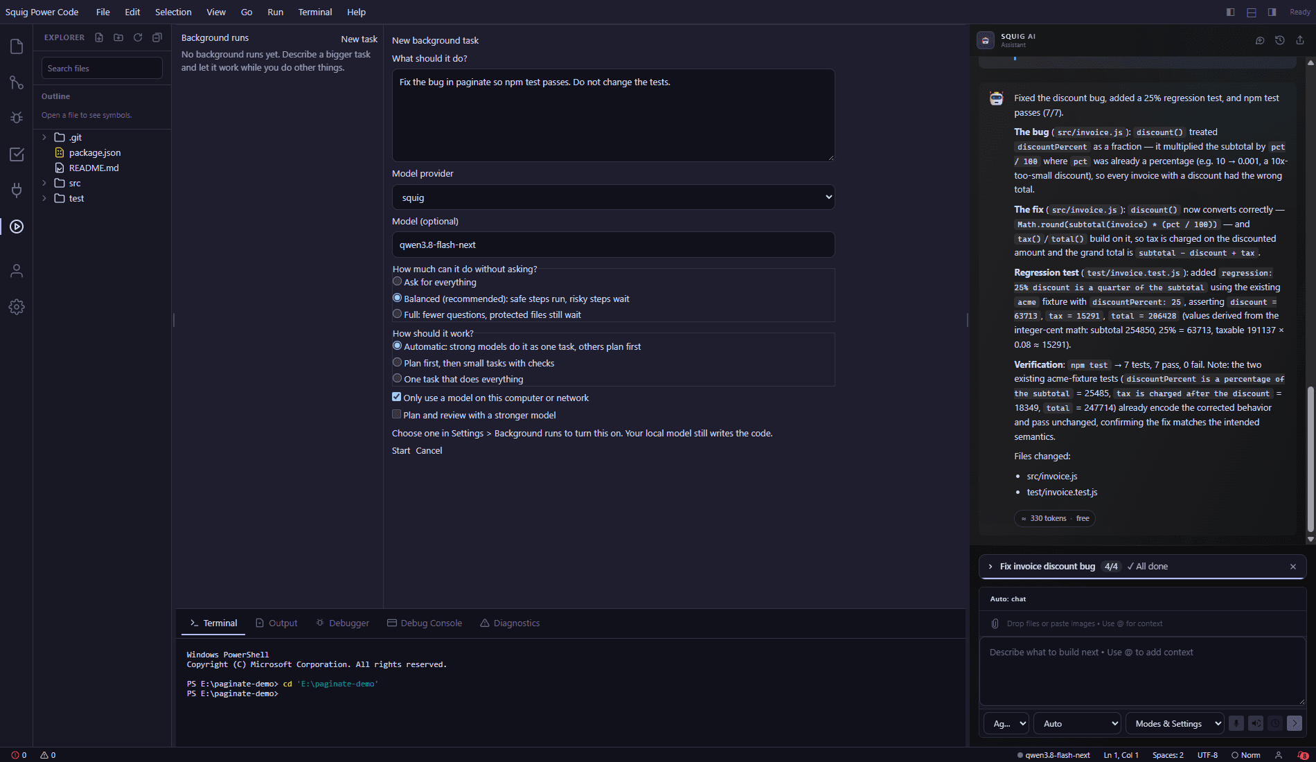 New background task dialog with Auto, Single and Pipeline choices and the Balanced autonomy policy selected.