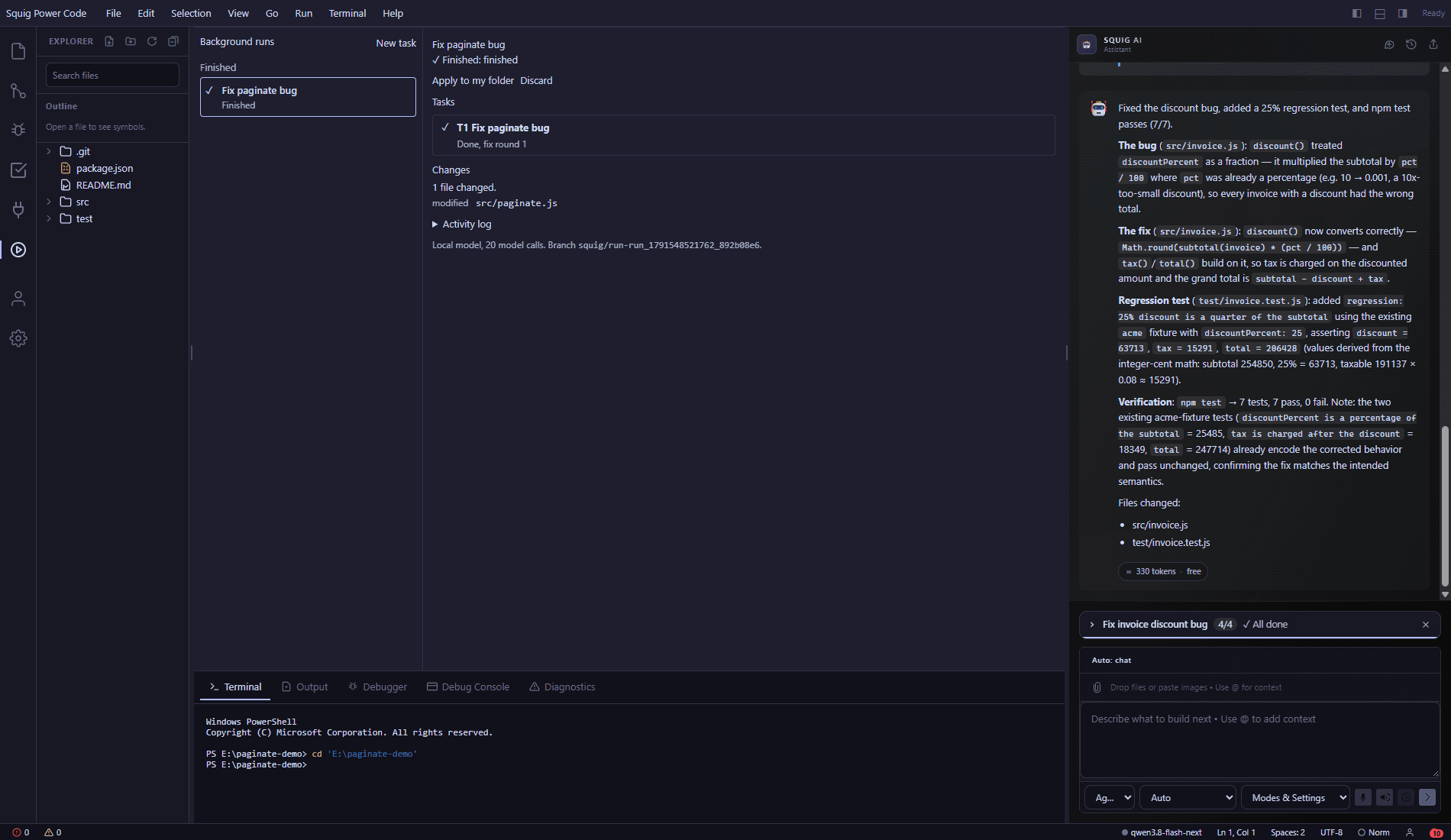 Runs view showing a finished background run with its task status and a summary of the changes it made.