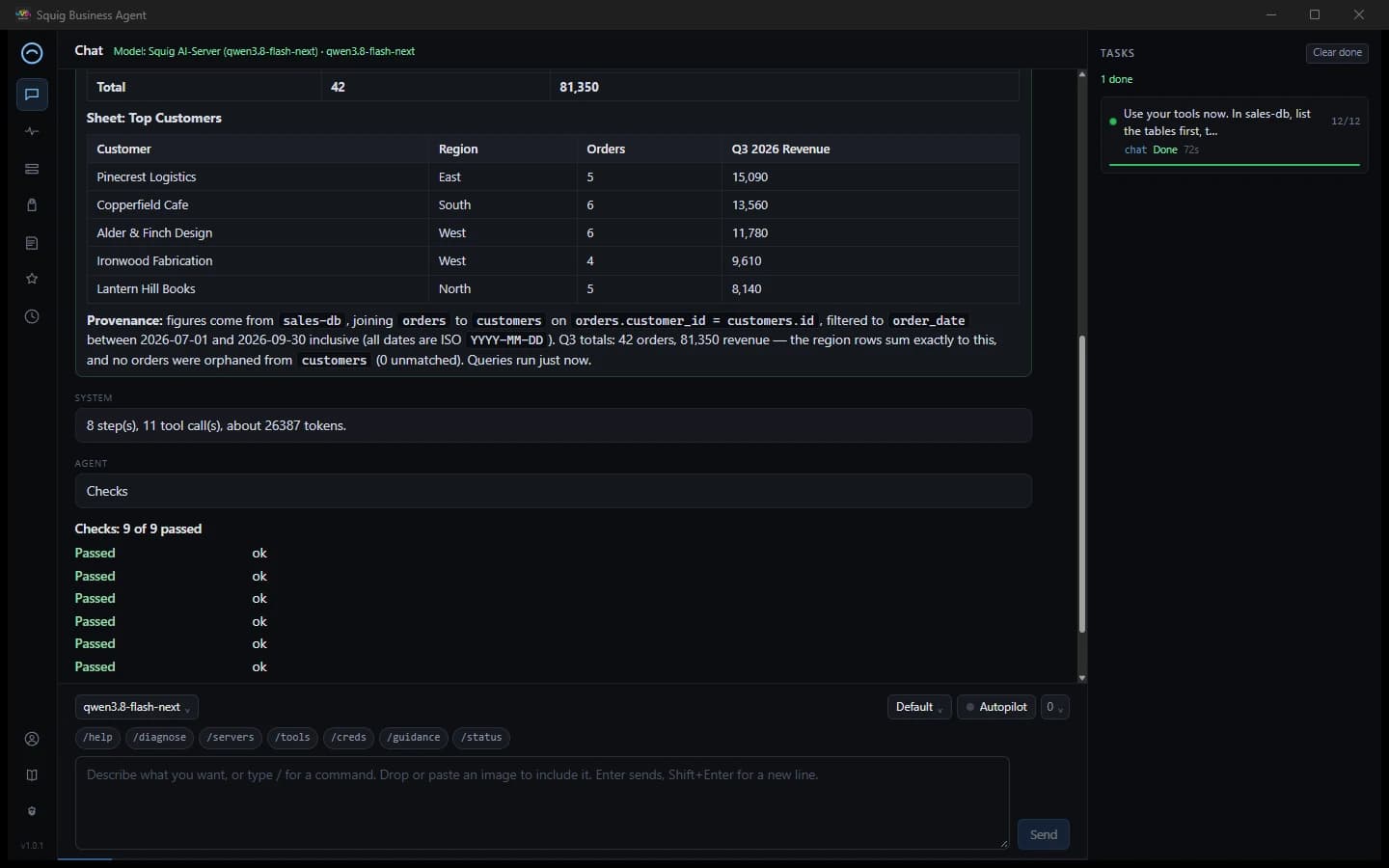 Chat where the agent builds an Excel spreadsheet from the sales query results.