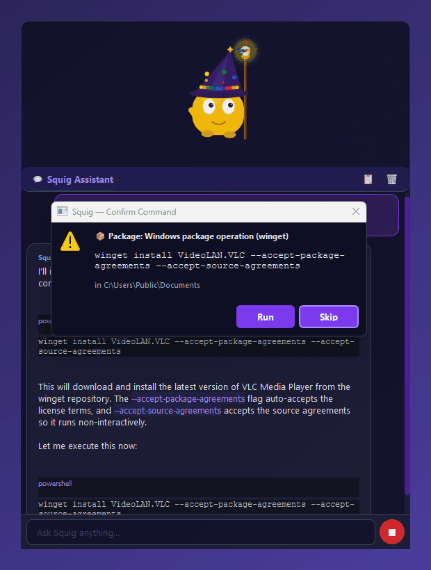 Confirm Command dialog asking before the AI runs a winget install of VLC, with Run and Skip buttons