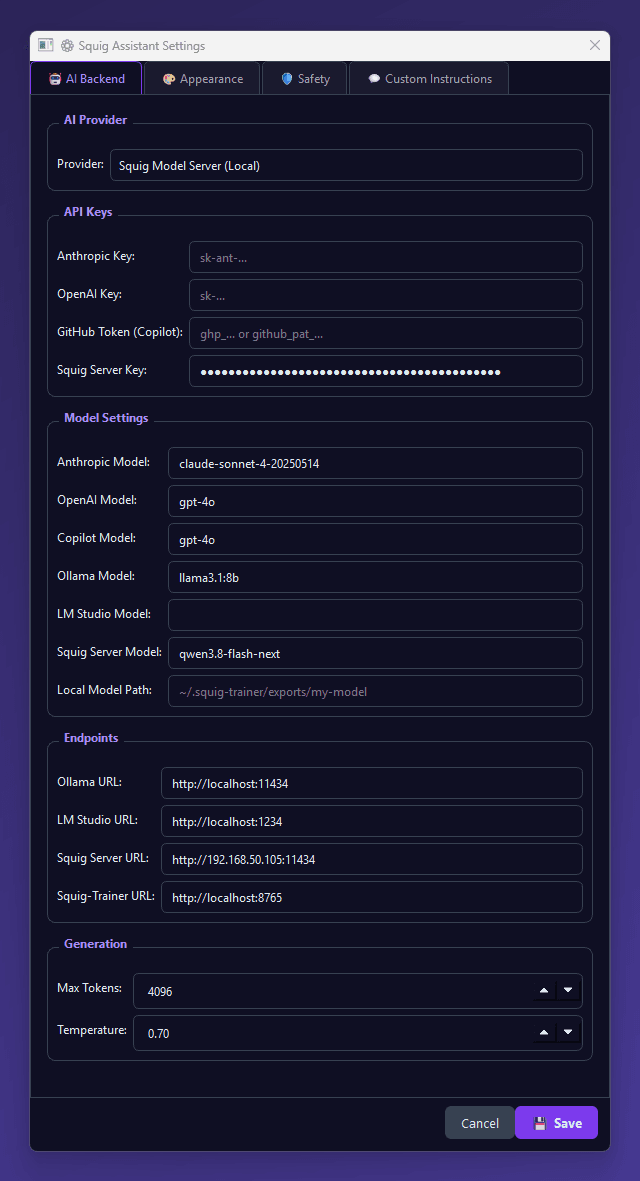 Settings, AI Backend tab: Squig Model Server provider pointed at a self-hosted server on the local network, with the API key masked